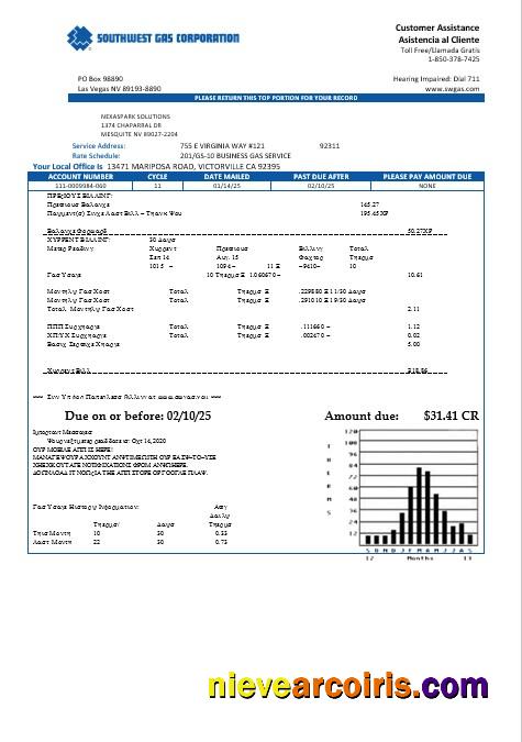 USA Nevada Southwest gas Corporation business utility bill